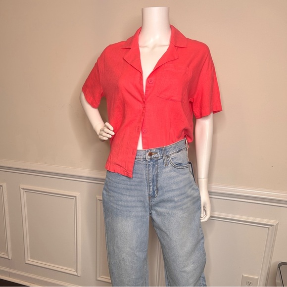 Women's Linen Short Sleeve Button Down Camp Shirt- A New Day, Pink - Picture 15 of 16